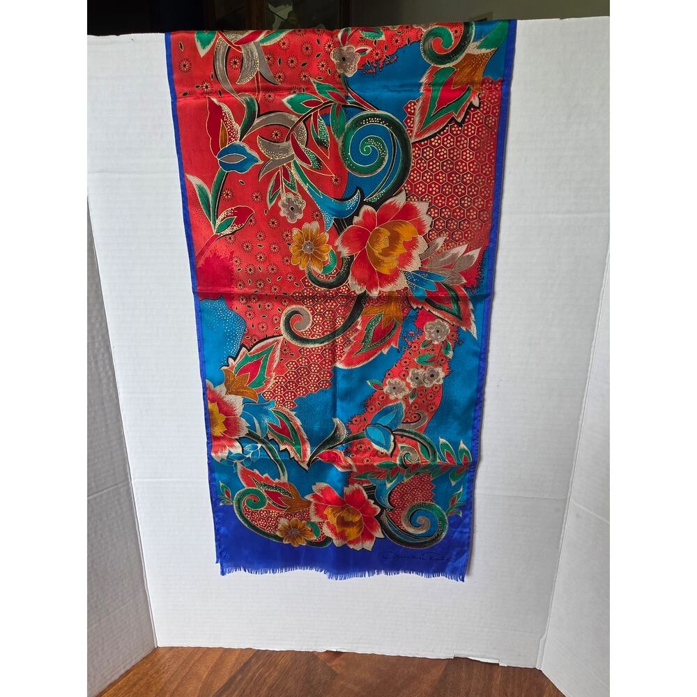 Oscar de la Renta Silk Scarf Blue Red Floral Paisley Large Designer Wrap 56"